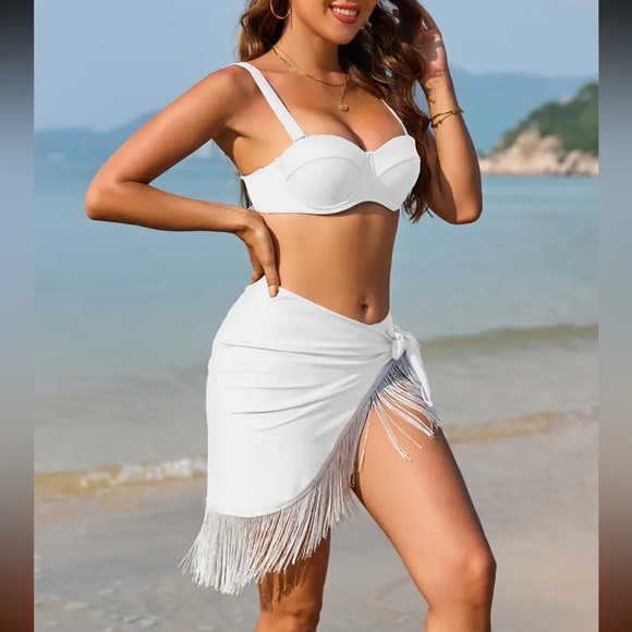 3pc White Push Up Bandeau High Waisted Bikini Set with Sarong Cover Up - Picture 6 of 8